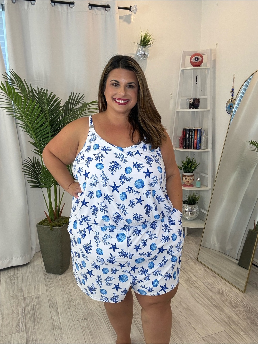Plus Coastal Blue & White Shell Swim Romper